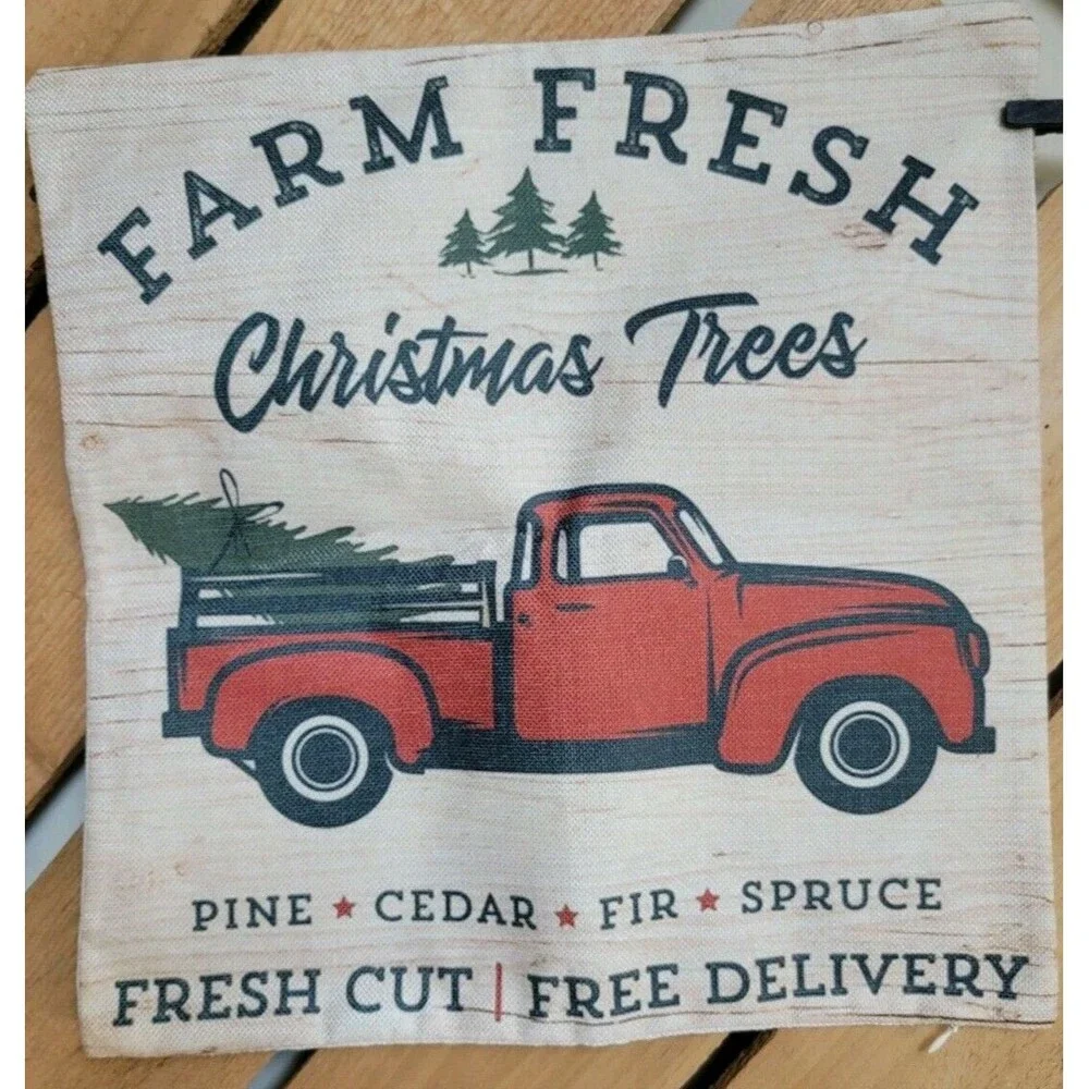 Zipper Holiday Pillow Cover Red Truck Farm Fresh Christmas Trees 17x17